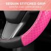 imagePink Sequin Bling Steering Wheel Cover Standard 15 Inch Size Fits Most Vehicles Cute Faux Leather Car Steering Cover with Diamond Rhinestone Glitter Like Detail Car Accessories for WomenPink Sequin Bling