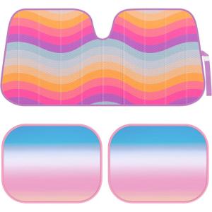 image3Piece Automotive Sunshade Pack 1pc Retro Wave Front Windshield Sunshade and 2pc Rainbow Sunset Static Cling Window Sunshades for Cars Trucks SUVs Block UV Rays Sun Protection