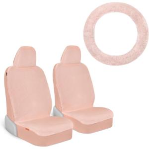 image3Piece Combo Sheepskin Car Seat Covers and Steering Wheel Cover Soft Plush Comfy Faux Fur Car Seat Covers Cute Automotive Seat Protectors Covers for Cars Car Accessories for Women PinkSoft Pink Fur