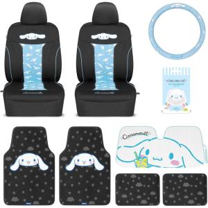 imageCinnamoroll Car Seat Covers Car Floor Mats Steering Wheel Cover Windshield Sun Shade for Car Gift Pack Car Air Freshener Black and Blue Hello Kitty Car Accessories for Women 9pc Combo