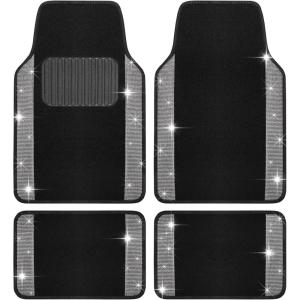 imageDiamond Bling Car Mats 4Piece Set Shiny Rhinestone Crystal Carpet Car Floor Mats TwoTone Floor Mats for Cars Cute Automotive Floor Mats for Women BlackSilver