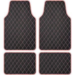 imageDiamondLuxe Car Floor Mats Stylish Faux Leather Car Mats with Diamond Stitched Detail and Matching Taping Universally Sized AllWeather Floor Mats for Cars Trucks SUV Full Set PinkPink