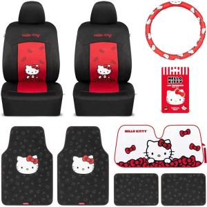 imageHello Kitty Car Accessories Combo Car Seat Covers Floor Mats Steering Wheel Cover Windshield Sun Shade Air Freshener  RedBlack Universal Fit for Cars