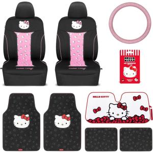 imageHello Kitty Car Seat Covers Car Floor Mats Steering Wheel Cover Windshield Sun Shade for Car Gift Pack Car Air Freshener Black and Pink Hello Kitty Car Accessories for Women 9pc Combo