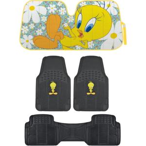 imageBDK Warner Bros Looney Tunes Tweety Bird Car Accessories  Accordion Folding Windshield Sun Shade UV Block Double Bubble 58x27 in  Protects from Sun  Heavy Duty Rubber Floor Mats 3PC Front ampamp Rear