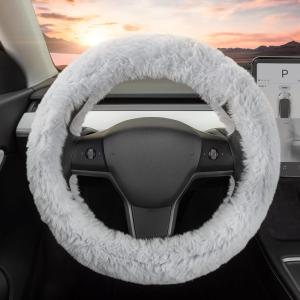 imageCarbella Twisted Fur Olive Green Soft Steering Wheel Cover Standard 15 Inch Size Fits Most Vehicles Fuzzy Fluffy Car Steering Cover with Soft Faux Fur Touch Car Accessories for WomenGray