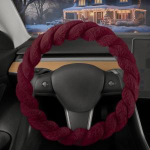 imageCarbella Twisted Fur Olive Green Soft Steering Wheel Cover Standard 15 Inch Size Fits Most Vehicles Fuzzy Fluffy Car Steering Cover with Soft Faux Fur Touch Car Accessories for WomenRed