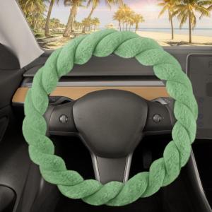 imageCarbella Twisted Fur Olive Green Soft Steering Wheel Cover Standard 15 Inch Size Fits Most Vehicles Fuzzy Fluffy Car Steering Cover with Soft Faux Fur Touch Car Accessories for WomenSage Green