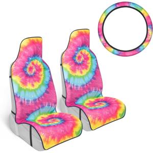 imageCarbella TieDye Car Seat Covers Red Seat Covers for Cars with Matching Steering Wheel Cover Cute Automotive Interior Covers for Trucks Van SUV 3 Piece Set Car Accessories for WomenRainbow TieDye