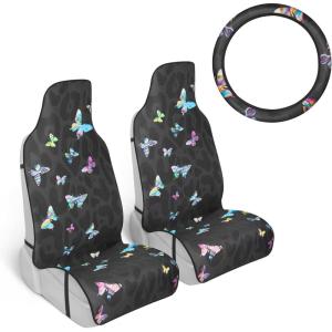 imageCarbella TieDye Car Seat Covers Red Seat Covers for Cars with Matching Steering Wheel Cover Cute Automotive Interior Covers for Trucks Van SUV 3 Piece Set Car Accessories for WomenBlack Leopard  Butterflies